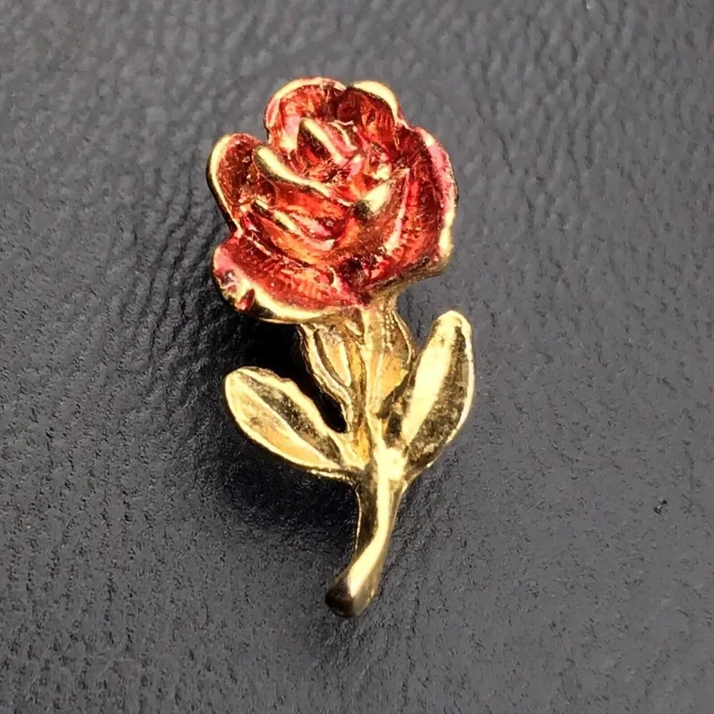 Red Rose Pin Gold Tone Enamel Small Brooch Vintage